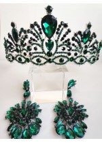 Дизайнерски комплект корона и обици в тъмно зелено Absolute Emerald Rose